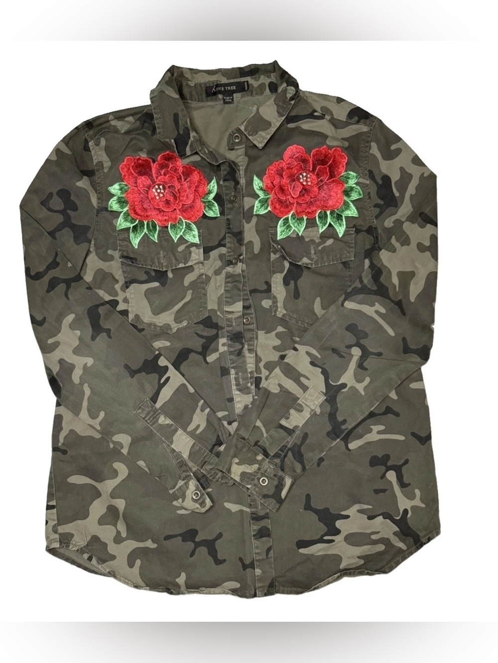 Camo Rose Embroidered Utility Shirt Women’s Medium Olive Green Boho Grunge Y2K